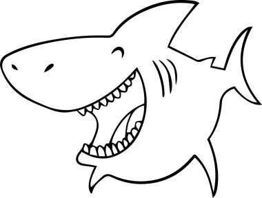 Ağzı açık şirin bir köpekbalığı. Çocuklar ve yetişkinler için boyama putları. Beyaz arka planda vektör illüstrasyonu.