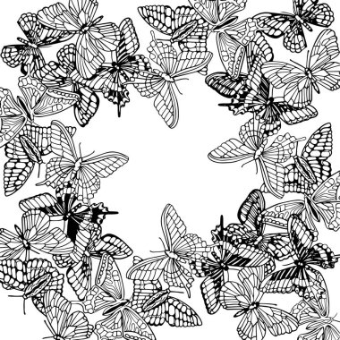 Farklı güzel kelebeklerden oluşan bir web çerçevesi, çocuklar ve yetişkinler için bir boyama kitabı tasarımı. Beyaz arka planda vektör illüstrasyonuName