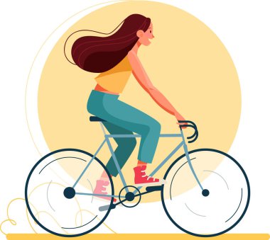 WebBir kız bisiklet sürüyor. Kartpostallar ve çıkartmalar için. Beyaz bir arka planda vektör çizimi.