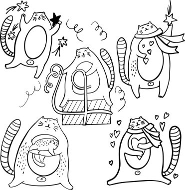 Büyük kedili büyük bir web seti. Çocuklar ve yetişkinler için beyaz arka planda vektör illüstrasyonu