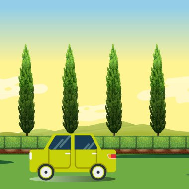 Weba yolcu vagonu bir tarlanın arka planında durur ve güney selvi ağaçları, güzel mavi gökyüzü olan yeşil bir alan, yeşil arka planda vektör çizimi