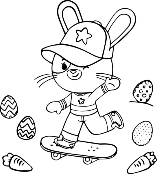 Кролик Скейтборде Клетке Яйцами Морковкой Пасху Векторная Иллюстрация Белом Фоне — стоковый вектор