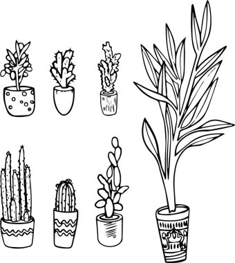 WebA kapalı alan bitkileri seti. Farklı kaplarda limon, incir, kaktüs ve diğer bitkiler bulunur. Karalamalarla çizilmiş. Beyaz arkaplanda vektör illüstrasyonu