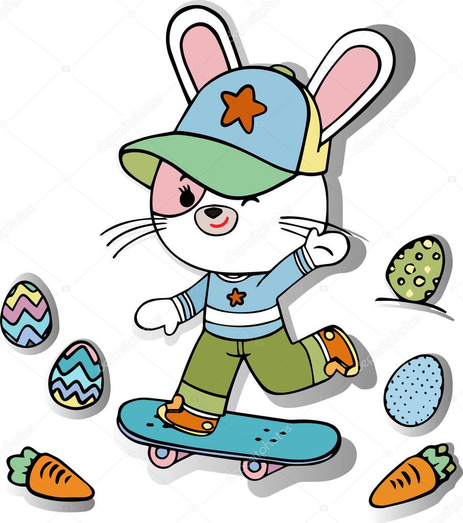 WebA rabbit on a skateboard in a clearing with eggs and carrots for the Easter holiday.For postcards and posters. vector illustration on a white background
