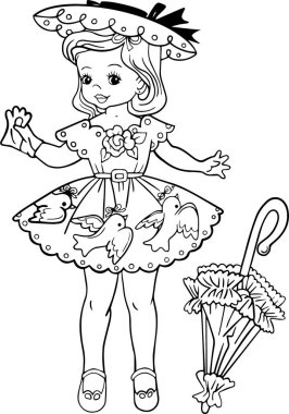 Akıllı gece elbisesi ve şemsiyeli şirin kız, beyaz arka planda çocuklar ve yetişkinler için bir boyama sayfası tasarımı.