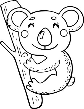 Bir dalda oturan şirin küçük koala. Çocuklar ve yetişkinler için. Beyaz arka planda vektör illüstrasyonu.