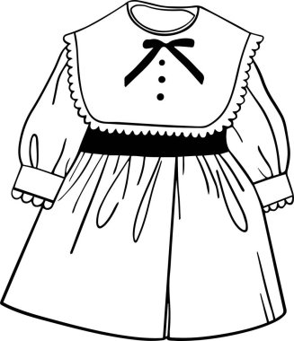 Dantel yakalı ve kollu şirin bir bebek elbisesi. Çocuklar ve yetişkinler için boyama kitabı kavramı. Beyaz arkaplanda vektör çizimi.