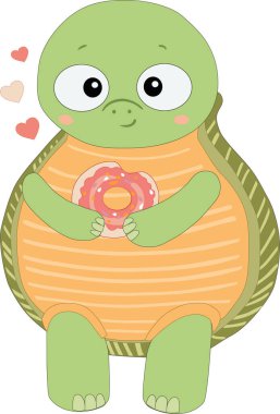 Donutlu şirin kaplumbağa, çocuklar için kartpostal tasarımı. Beyaz arka planda vektör illüstrasyonu.