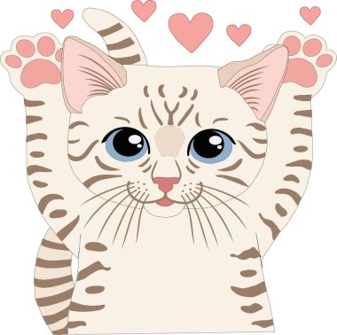 Kaldırılmış pençeli şirin beyaz kedi yavrusu. Düz bir biçimde beyaz bir arkaplanda vektör illüstrasyonu.