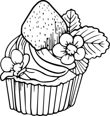 Çilekli ve çiçekli WebCupcake, çocuklar ve yetişkinler için boyama sayfaları. Beyaz arkaplanda vektör illüstrasyonu