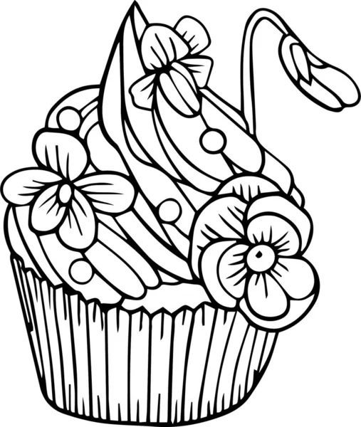 Mor menekşe çiçekli ve incili WebCupcake, çocuklar ve yetişkinler için boyama sayfaları. Beyaz arkaplanda vektör illüstrasyon