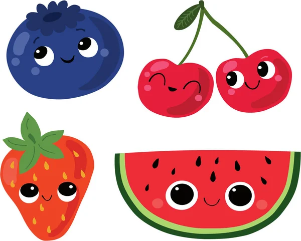 Webbayas Estilo Kawaii Fresas Cerezas Sandías Arándanos Arándanos Otras Bayas — Vector de stock