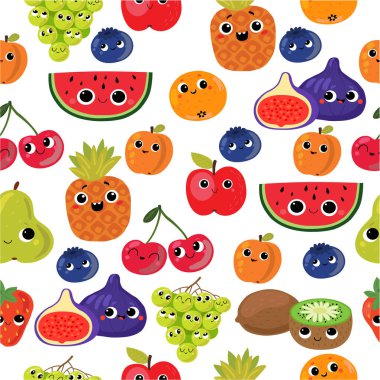 Kawaii tarzında kusursuz meyve deseni. Beyaz arkaplanda vektör grafikleri. Doğal dekorasyon.