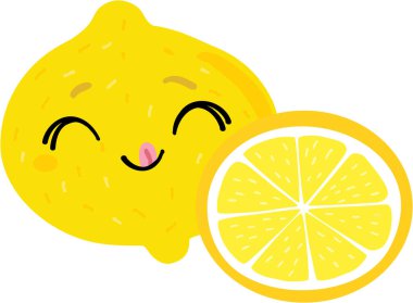 Koca bir limon ve kawaii stilinde bir dilim pizza. Beyaz arkaplanda vektör grafikleri. Doğal dekorasyon.