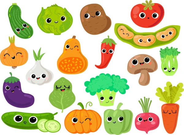 Webun Ensemble Légumes Dans Style Kawaii Graphiques Vectoriels Sur Fond — Image vectorielle