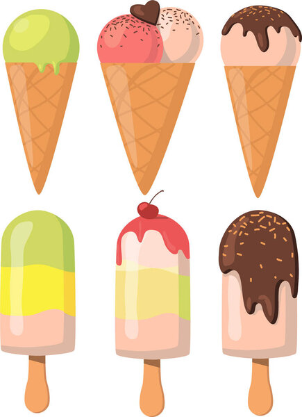WebSet мороженого на белом фоне. Иллюстрация вектора мультфильма. Милый набор. Векторная иллюстрация. Сборник наборов.