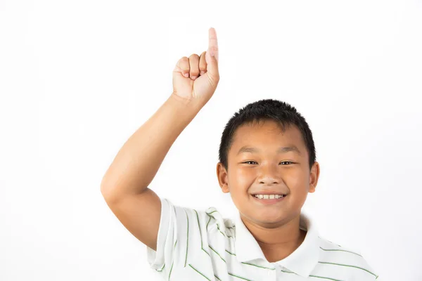 Gelukkige jongen wijzend met zijn vinger — Stockfoto
