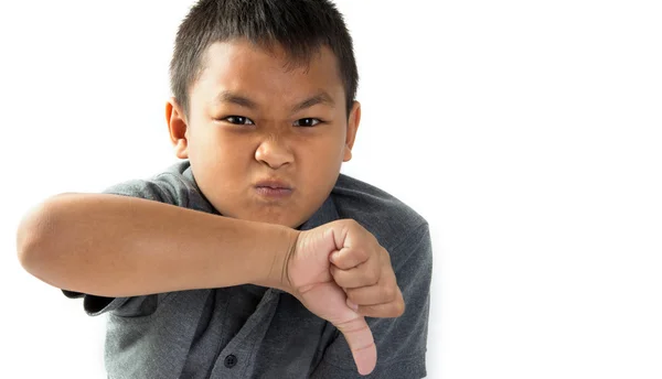 Retrato infeliz, enojado, niño disgustado dando pulgares hacia abajo gesto de la mano —  Fotos de Stock