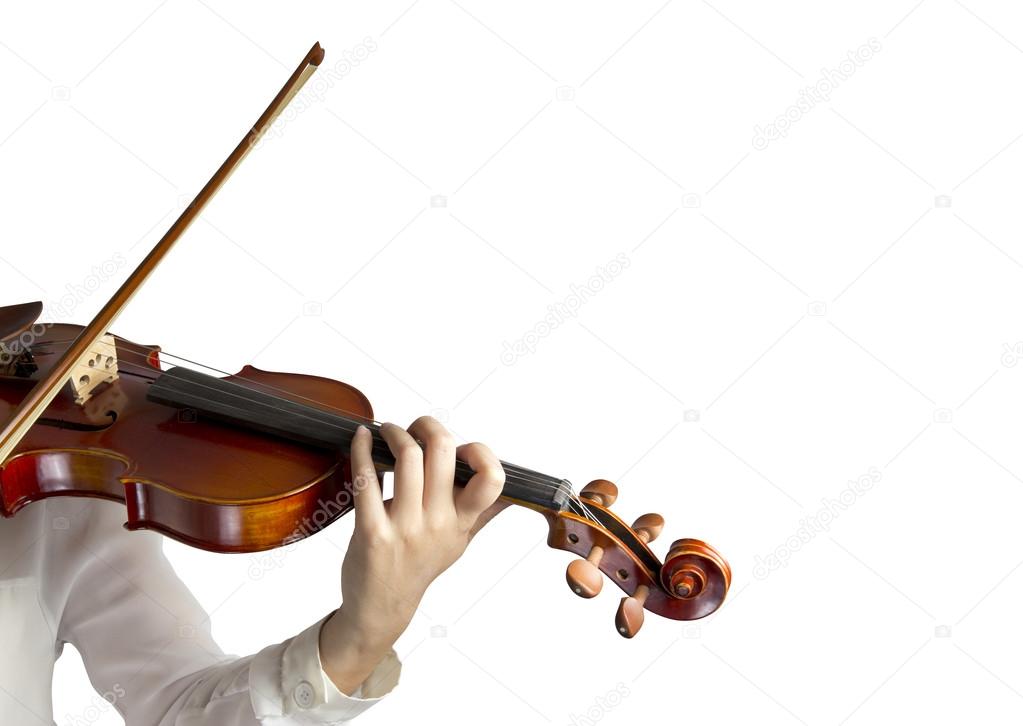 Hand on the strings of a violin over white background