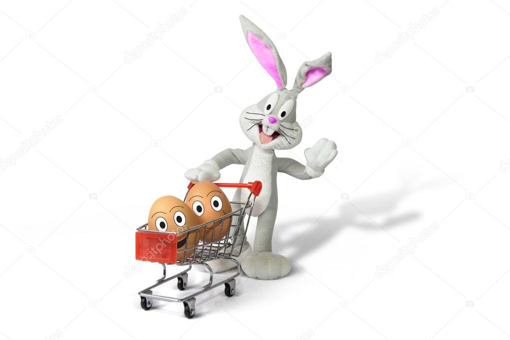 Shopping cart with easter eggs and bunny