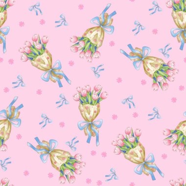 Pembe suluboya laleler, dikişsiz pamuklu kuşlarla sarılı. Pembe laleler ve mavi muscari wr buketinin elle boyanmış suluboya deseni.