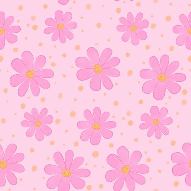 Kusursuz pastel papatya desenli pembe arka planda kalpler ve taç yaprakları. Büyük pembe papatyaların kusursuz suluboya çizimi, dağınık yapraklar, kalpler ve yumuşak pembe noktalı küçük laleler.