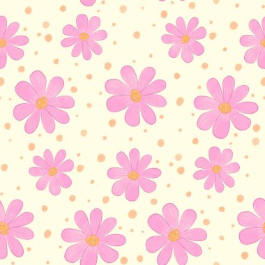 Sarı arka planda kalp ve taç yaprakları olan kusursuz pastel papatya deseni. Büyük pembe papatyaların kusursuz suluboya çizimi, dağınık yapraklar.,