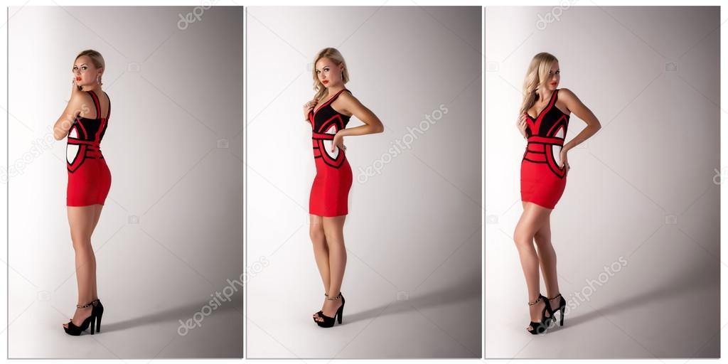 Beautiful blonde woman  in red dress 