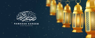 İslami Ramazan Kareem 'in sancak vektör tasarımının gerçekçi çizimi. 3D altın fener ipte asılı.