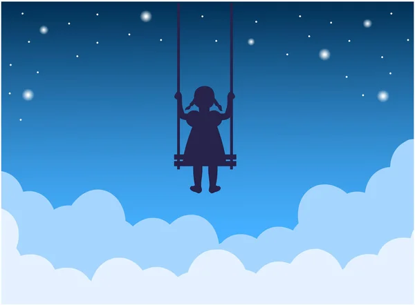 Silhouette Child Sitting Swing Clouds — Stock Vector