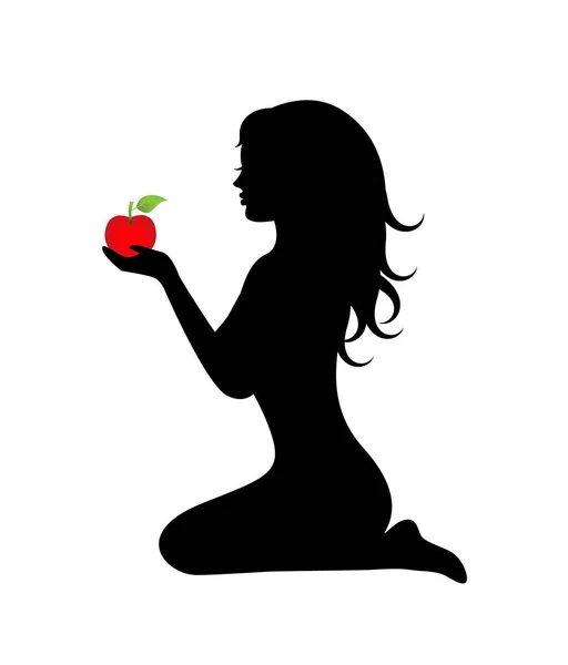 一个女人手里拿着一个苹果的轮廓 知识和诱惑的果实 — 图库矢量图片