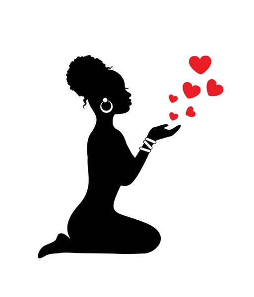 Silhouette African Woman Sits Her Knees Sends Red Hearts — Stock Vector