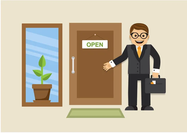 Επιχειρηματίας Στέκεται Δίπλα Ένα Παράθυρο Και Μια Πόρτα Στην Οποία — Διανυσματικό Αρχείο