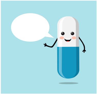 şirin hap kapsülü ve mavi arkaplanda diyalog balonu