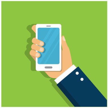 Parlak mavi ekranlı insan eli telefonu.