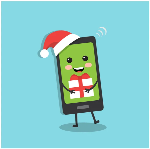 Cute Smiling Phone Christmas Cap Holding Gift — Stock Vector