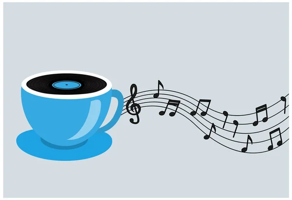 Eine Tasse Kaffee Oder Tee Mit Einer Musikplatte Und Noten — Stockvektor