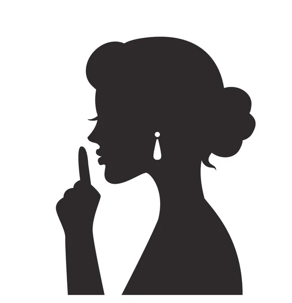 Black Silhouette Woman Hand Gesture Shows Index Finger Asks Silence — Stock Vector