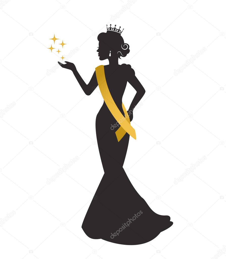 Graceful silhouette of a beautiful woman in a crown, a sweater's ribbon and a long dress at a beauty pageant