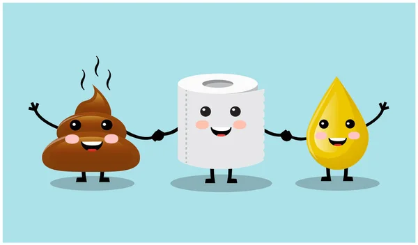 Three Cute Friends Smiling Waving Hands Turd Drop Urine Toilet — Stock Vector