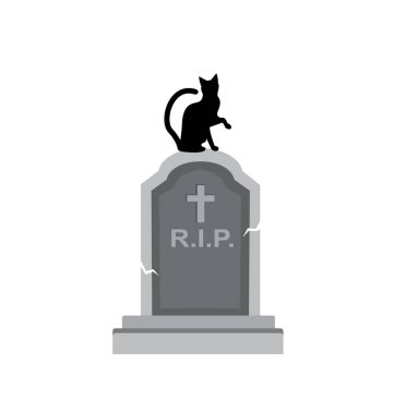 Siyah siluet. Kedi, beyaz bir arka planda taş gibi eski bir mezarda oturuyor. Cadılar Bayramı resmi 
