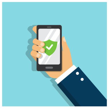 Bir adamın elinde güçlü bir şifreyle korunan bir telefon ve ekranda işaretli yeşil bir tabela var. 