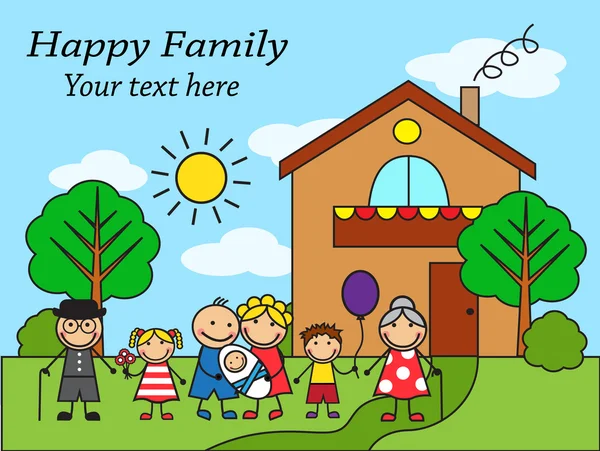 Cartoon big happy family near the house — Stock Vector