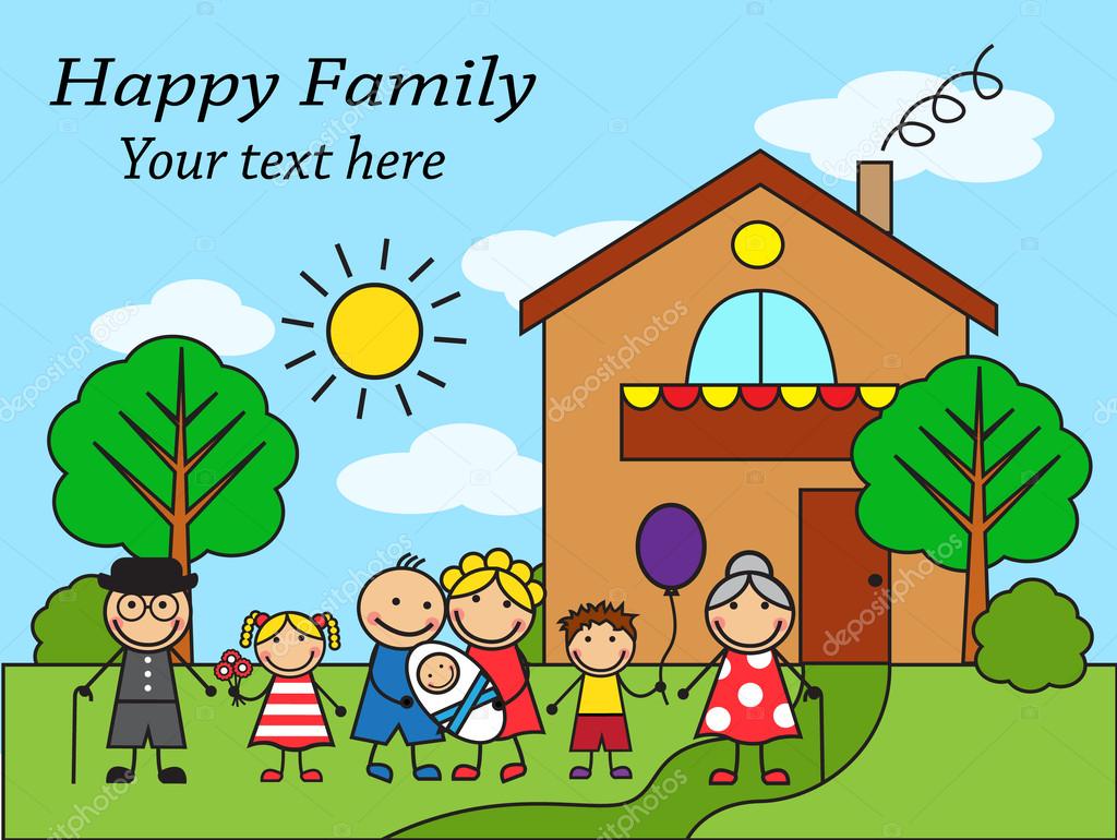 Cartoon big happy family near the house — Stock Vector