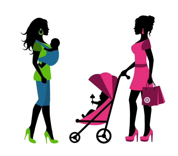 Women with children in a sling and stroller — Stock Vector