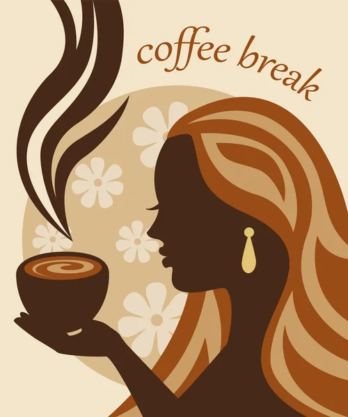 Silhueta feminina com uma xícara de café na mão — Vetor de Stock