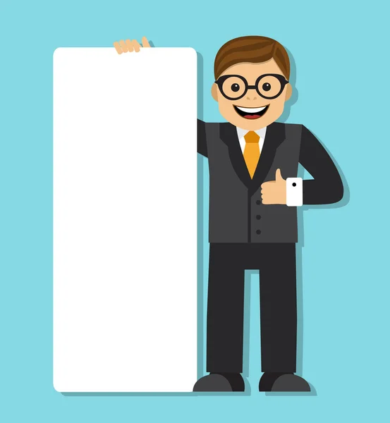 Hombre de negocios con un gran signo de papel en blanco — Vector de stock