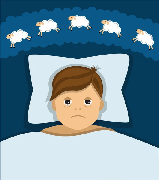 Insomnia and man lying in bed — Stock Vector