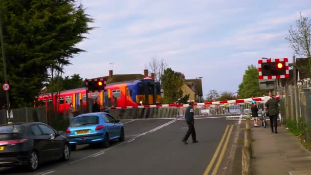 기차는 수평 교차점, 런던, 영국에 걸쳐 전달 — 비디오