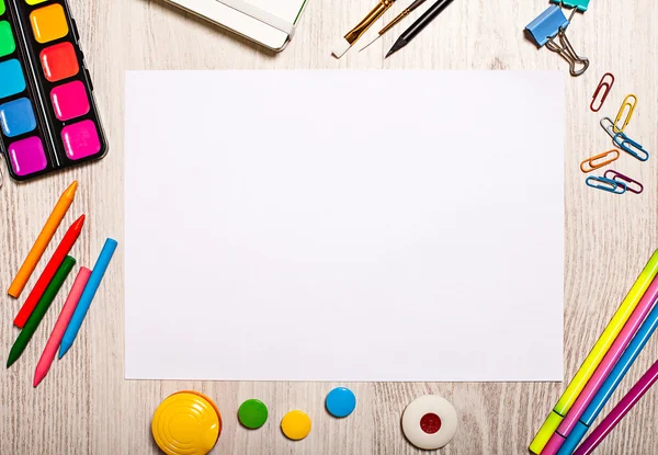 Blank page mockup on table with office tools — Stock Photo, Image